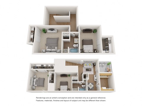 a stylized view of a 1 bedroom floor plan and a 3d floor plan